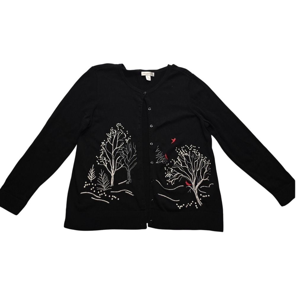 Christopher & Banks Winter Cardinal Embroidered Cardigan Black XL Cottage